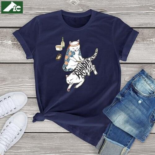 100% Cotton Japanese The Middle Finger Cats T Shirt Women clothing Graphic Tees Hip Hop Womens Shirts Unisex Vintage Mens Tops