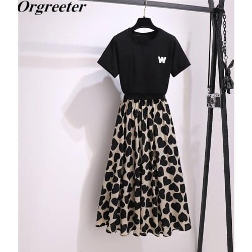Separately sale Tshirt and Skirt Summer Letter Embroidery Black Tee + Elastic waist Print Big Swing A-line Long Skirts 2PCS sets