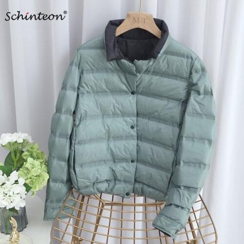 2020 Schinteon Light Down Jacket Double Sided Wearing White Duck Down Coat Casual Spring Autumn Short Outwear for Women