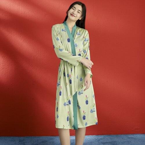 Summer Lady Robe Nightgown Women Sleepwear Silk Satin Nightwear Sexy Bathrobe Dressing Gown Cute Print Homewear Bride