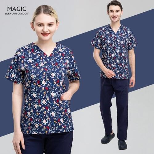 Scrub V-neck Tops Uniform Unisex Workwear Beauty Salon Clothes Spa Scrub Shirt Pet Grooming Institution Spa Uniform Medical Tops