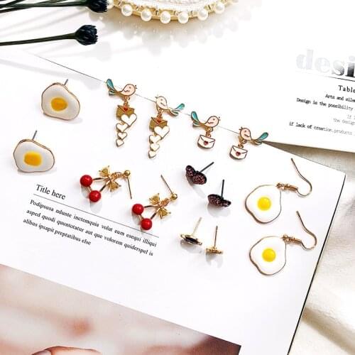 Girls Creative Cartoon Enamel Metal Earrings Cute Birds Chicken Eggs Heart Moon planet Cherry Pendant Women Fashion Jewelry