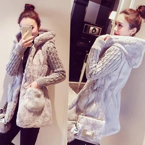 Fashion Women Hooded Winter Jacket Loose Knitted Plush Jacket Winter Warm Thick Outerwear Coat Ladies Casual Coats Pocket