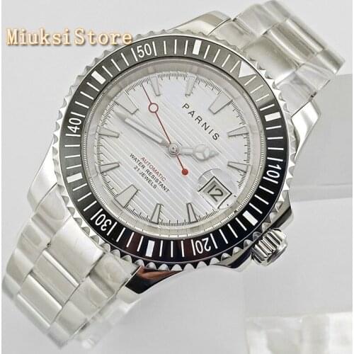 Parnis 41mm mens top mechanical watches sapphire glass ceramic bezel white dial date window automatic mens wrist watch