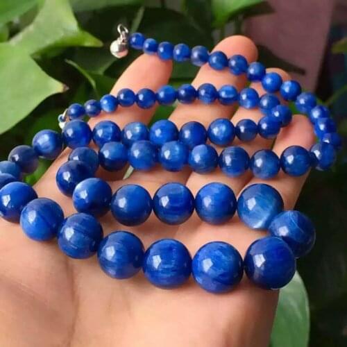 Natural Genuine Blue Kyanite Gem Stone Round Beads Women Stretch Cat Eye Effect Charm Necklace 5-12mm AAAAA