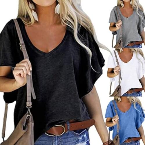 2021 New Summer Women Tops V-Neck Ladies Solid Color T-Shirt Short Sleeve Casual Loose Femmel T-Shirt