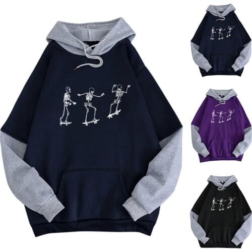 New Womens Hoodies Stitching Cute Skull Printed Plus Velvet Long-sleeve Hooded Sweatshirt Top Harajuku Plus Size Elegant Hoodie