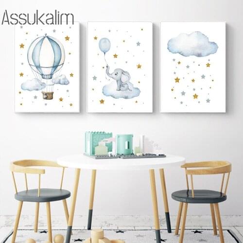 Nursery Canvas Poster Blue Elephant Painting Hot Air Balloon Posters Star Clouds Print Nordic Pictures Kids Bedroom Decoration