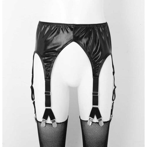 Women Shiny Metallic Garter Belt with Six Elastic Straps Metal Duck-Mouth Clips Ladies Punk Gothic Rave Party Body Sexy Lingerie