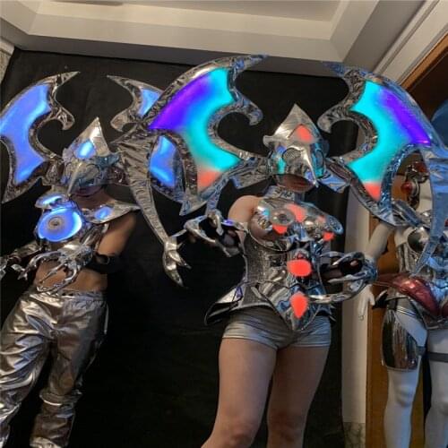 Q12 Cosplay stage dance led light costumes RGB colorful luminous glowing wings dress party wears outfit silver armor mirror suit