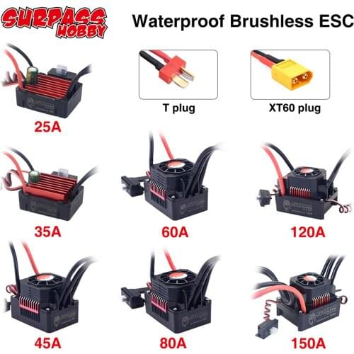 SURPASSHOBBY ESC 150A 80A 120A 25A 35A 45A 60A Waterproof Electric Speed Controller for 1/8 1/10 1/12 RC Car Brushless Motor
