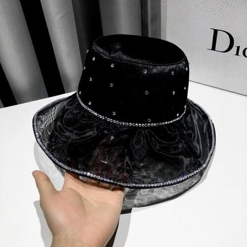 Korean Style Light Luxury Bright Diamond Hat Summer Panama Women Fisherman Hat Silk Satin Net Gauze Elegant Big Brim Bob Sun Hat