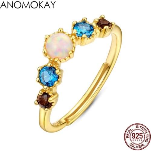 Anomokay Classic Colorful CZ Womens Gold Color Resizable Rings Jewelry 925 Sterling Silver Luxury Rings for Women Lovers Gift
