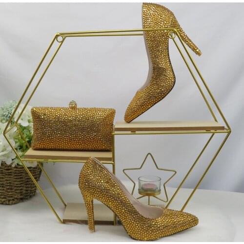 Ladies Gold Crystal Pointed Toe High heels Spring and Summer Evening Party Dress Shoes Bride Wedding Shoes With Bag Thin Heels