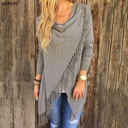 Fashion Spring Autumn Cardigans Tops Women Casual Loose Long Sleeve Irregular Hem Tassel Cardigan Cape Poncho Black Gray CA6855