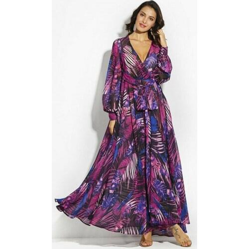 New Autumn Fashion Womens Ladies V-neck Flower Printed Sundress Floral Beach Long Sleeve Long Maxi Dress Boho Loose Dresses
