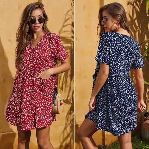 Floral Dress Women Summer Casual Short-sleeved Dresses Buttons Fashion Clothes for Women Everyday