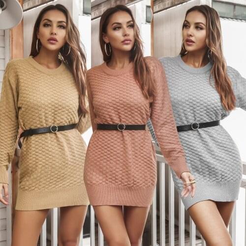 Autumn Women Sweater Dress 2021 Knitted Warm Winter Female Vestido With Belt Knitwear Pullovers Outfits Womens Clothing C3048