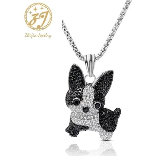 Zhijia fashion cute rhinestone black and white cartoon dog pendant necklace for women men animal lovers gifts