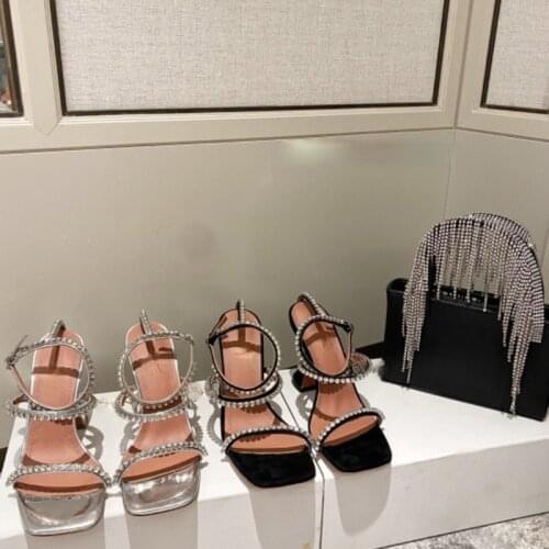 2021 Spring and Summer New Rhinestones Strap High Heel Sandals Square Toe Open Toe Horseshoe Heel Womens Sandals