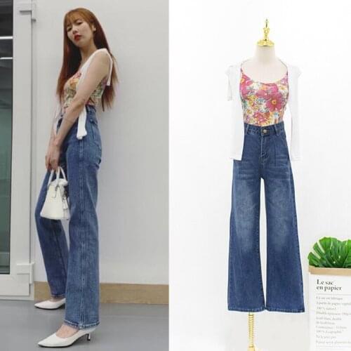 Kpop 4Minute Kim Hyun A Summer Wild Slim Sexy Floral Sling Vest Tops + Blue High Waist Wide Leg Loose Jeans Two Piece Set Women