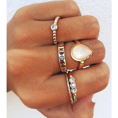 5 Pcs/set Water Drop Opal Midi Rings for Women Fashion Shiny Rhinestones Geometric Gold Knuckle Rings Fashion Jewelry Gifts