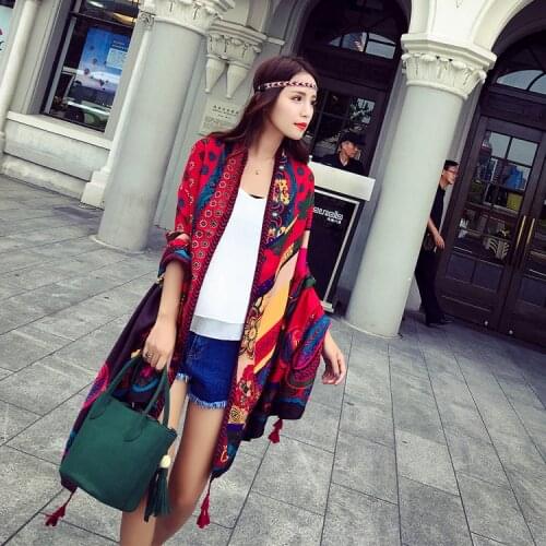 DakuihuiLC Bohemian Scarf 2021 Women Autumn Spring Spain Style Boho Designer Long Red Geometric Print Scarf Birthday Gifts Cape