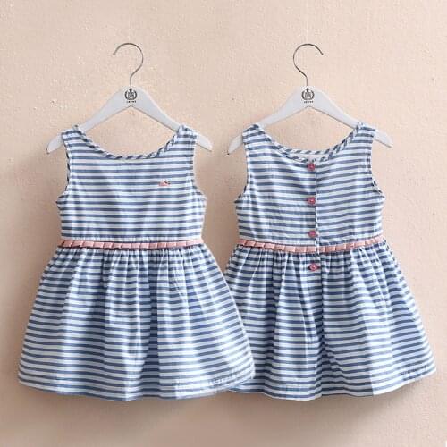 Kids Clothes 2021 Summer New Fashion 2 3 4 5 6 7 8 9 10 Years Sleeveless Embroidery Blue Striped Dresses For Baby Girls Kids