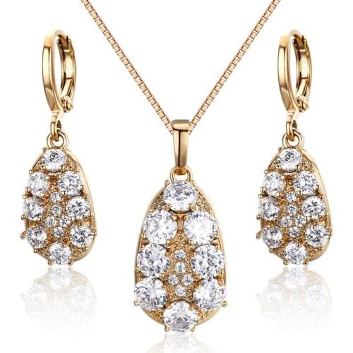 Cluster Round White CZ Water Drop Dangle Earrings & Pendant Necklace Women Yellow Gold Color Wedding Jewelry Sets Box Chain 45cm