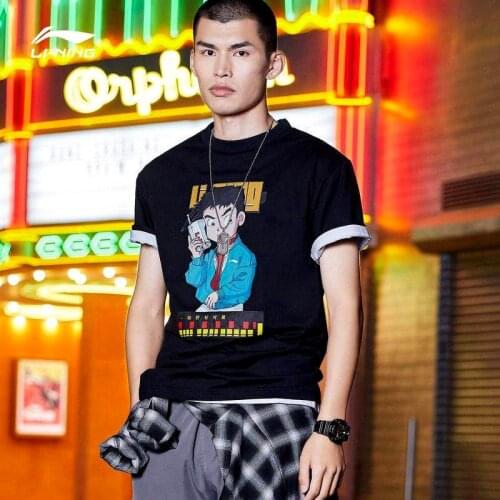 LINING Men Summer T-shirt Cotton Breathable Casual Cultural Cartoon Image Shirt Soft Sportswear AHSP119