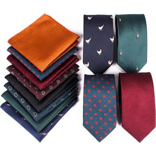 New Fashion Polyester Slim Print 7cm Tie Set For Men Necktie and Pocket Square Set for Wedding Business Party Casual Gift narrow