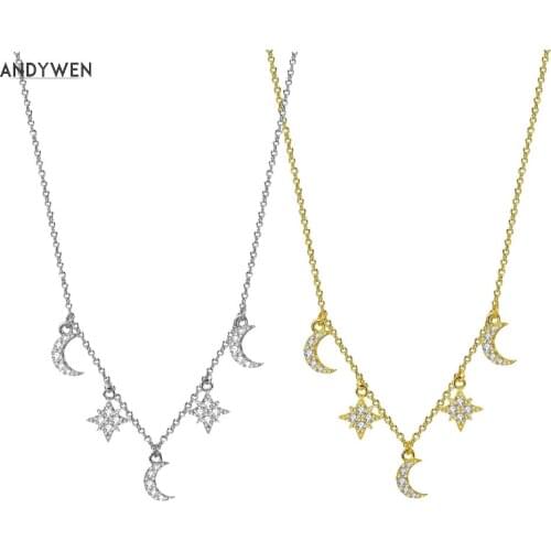 ANDYWEN 925 Sterling Silver Gold SnowFlower Moon Charm Pendant Choker Necklace 2020 Long Chain Women Fashion Jewelry Neck Jewels