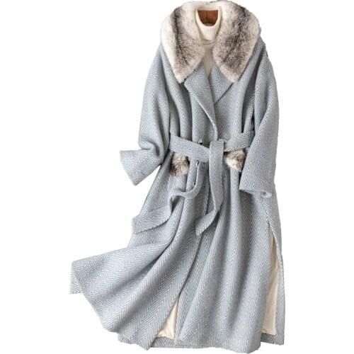 Real Coat Fur Autumn Winter Jacket Women Clothes Korean Vintage Mink Fur Collar Alpaca 10% Lambswool 85% Wool Coat ZT1263