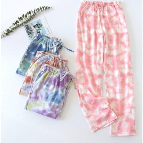 Knitted Tie-dye Sleepwear Women Spring Autumn Summer Thin Trousers Japanese Six-color Scattered Mouth Bottoms Pajama Pants Women