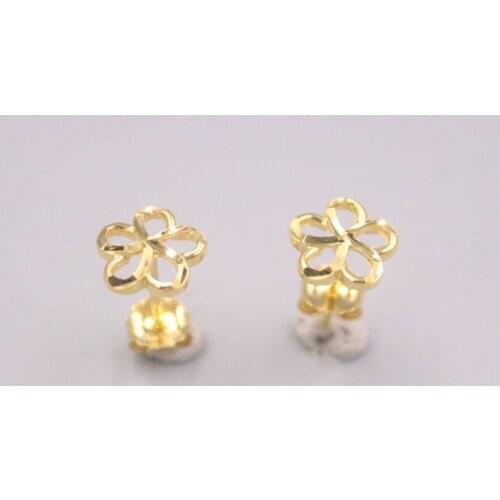 Pure 18K Yellow Gold Earrings Women Gift Lucky Hollow Flower Stud Earrings / 1.3g / 14*8mm