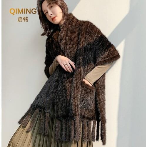 Long Style Large Winter Scarf Real Mink Fur Scarf Fringe Lady 100% Natural Mink Fur Shawl Women Knitted Fur Pashmina Scarves