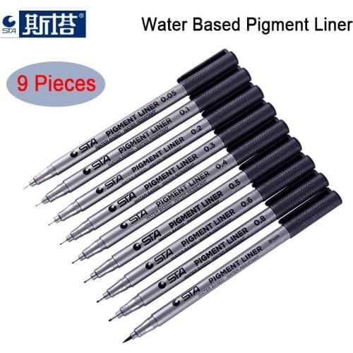 STA 8050 Water Based Pigment Liner Pen Needle Drawing pen Professional Marker Hook line Pen Design Sketch Art supplies 9pcs/set