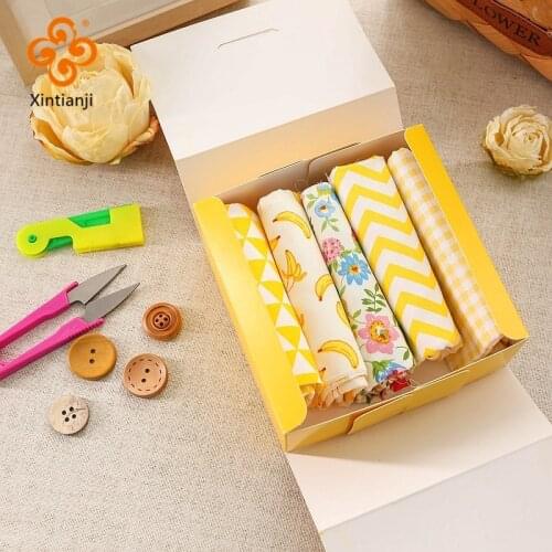 Spring Printed Floral Yellow Blue Cotton Twill Fabric Kids Crafts Cloth Manual Materials Gift Box 1 Set