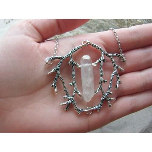 Vintage Silver Twig Branch Aura Quartz Pendant Witch Talisman Gift Gothic Woodland Magic Necklace