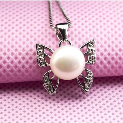 WQQCR 100% 925 Sterling Silver colorButterfly Freshwater Pearl Crystal Pendants With Chain Necklaces Fashion Jewelry For Women
