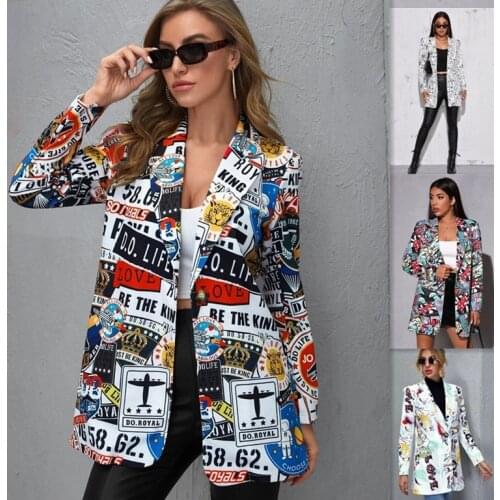 Fashion Trend Women Lapel Irregular Print Long Sleeves Suit Jacket Elegant Fall Office Lady Cardigan Coat Casual Streetwear