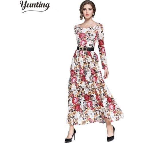 High QUALITY Newest 2021 Spring Designer Runway printing Maxi Dress Womens Long Sleeve Lace flowers Long Dress