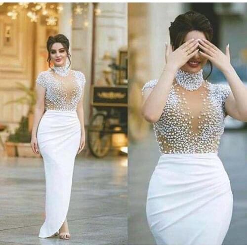 New Arrival Vestido De Novia Pearl Split Wrapped Evening Dress High Neck African Women Formal Gowns