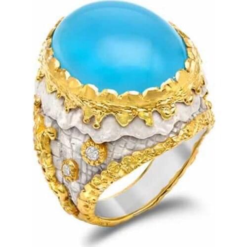 Large Round Natural Stone Rings For Women Men Vintage Gold Color Blue Turquoises Finger Rings Party Jewelry