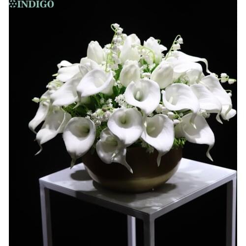 White Calla Flower Centerpiece (1 Set Bonsai With Metal Pot ) Artificial PU Tulip Customized Table Flower Arrangment INDIGO