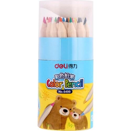 Deli Mini Childrens color pencil log 24 color primary school cute bucket with Pencil sharpener short pencil