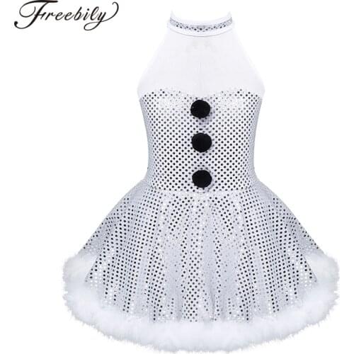 Kids Girls Christmas Snowman Dancewear Sleeveless Shiny Sequin Figure Skating Dress Stage Performance Jazz Dance Costume