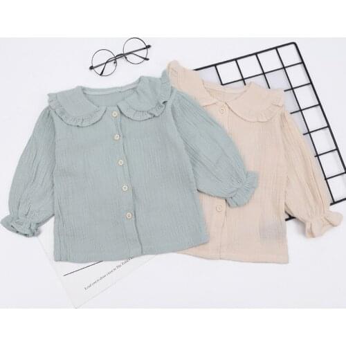 Childrens Clothing Spring Autumn New Girls Korean Shirts Solid Lace Doll Collar Cotton Kids Blouses Long Sleeve Tops for Girls