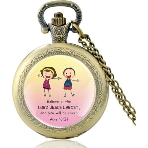 Classic Bible Verse “Believe In the Lord Jesus Christ” Quartz Pocket Watch Men Women Pendant Fob Necklace Chain Hours Clock