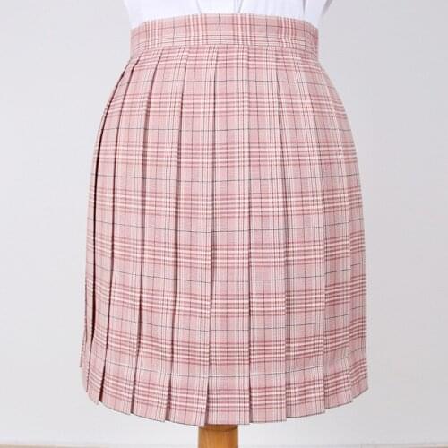 Sweet Womens Lotus Pink Plaid Skirt JK Girl Japanese School Uniform Short Pleated Skirt A-Line Necktie Bow Tie